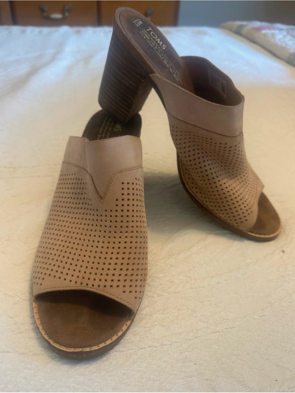 TOMS Tan Perforated Peep-Toe Block Heel Mules